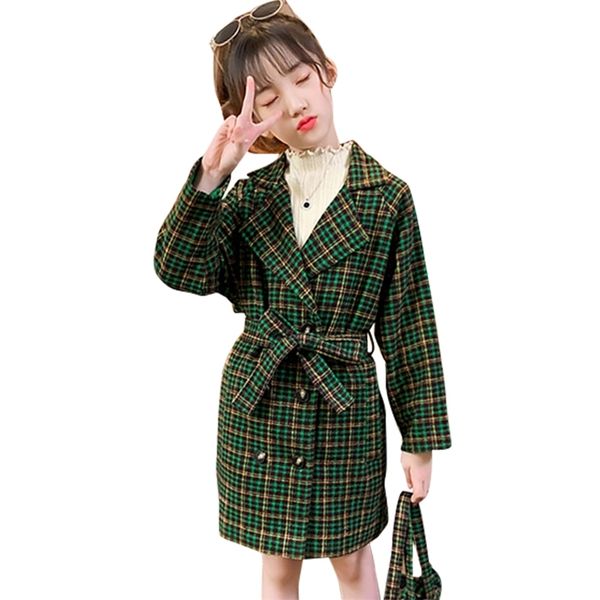 

girls long jacketl plaid pattern coats autumn winter children's jackets casual style kids clothes 210528, Blue;gray