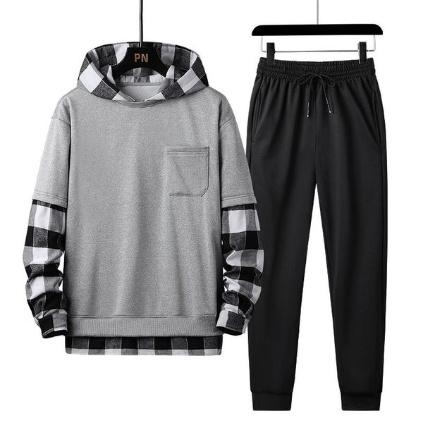 

men's tracksuits spring autumn mens set tracksuit men plaid patchwork hoodies + pants 2 pieces fashion studen sports suit streetwear 4x, Gray