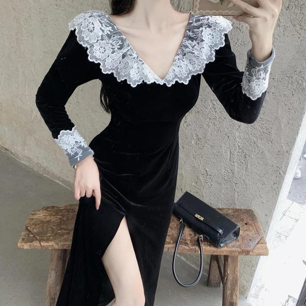 

casual dresses elegant vintage dress women v-neck lace midi black party female autumn 2021 korean fashion velvet sexy, Black;gray