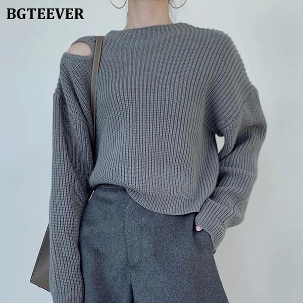 

women's sweaters bgteever chic o-neck hollow out women pullover long sleeve loose winter knitted casual female jumpers 2021, White;black