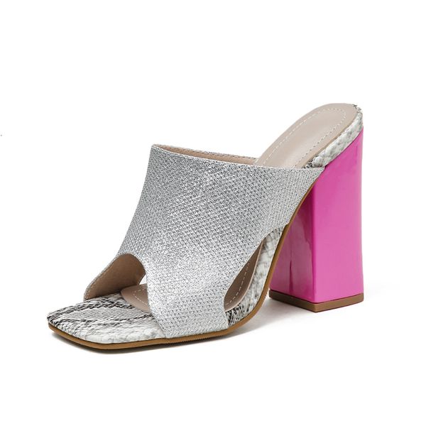 

2021 new woman fashion ladies square toe chunky high heels summer glittering slippers women hollow sandals j4e9, Black