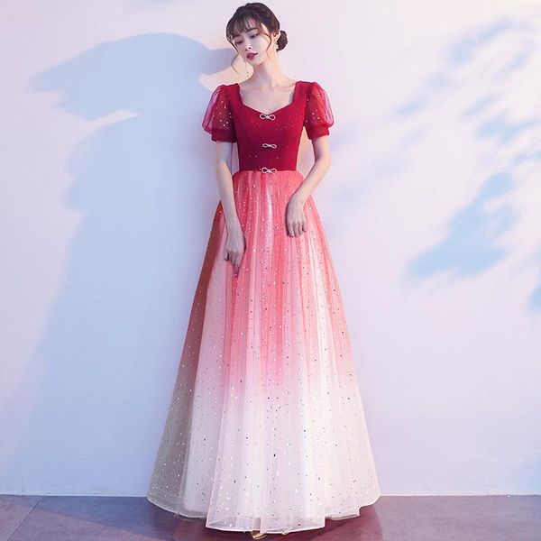 

ethnic clothing puff bowknot mesh starry sky cheongsam bandage gradients qiapao perspective sequins dress gown bling purple lady vestid, Red