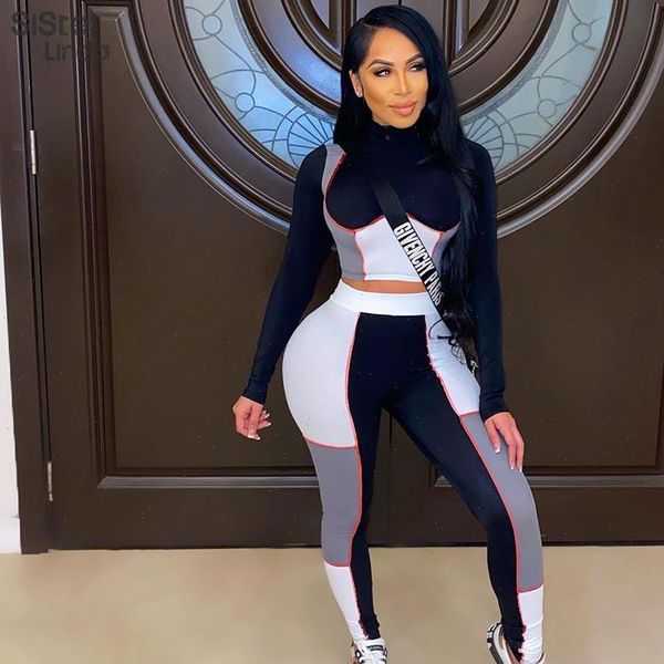 

patchwork contrast color fitness womens tracksuits long sleeve leggings matching two piece suits lady clothing streetwear outfits, Gray