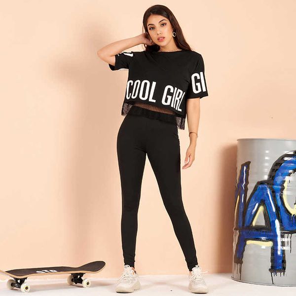 

women's two piece pants 2021 tracksuit black mesh stitching short-sleeved loose t-shirt letter printing casual college summer trou, White
