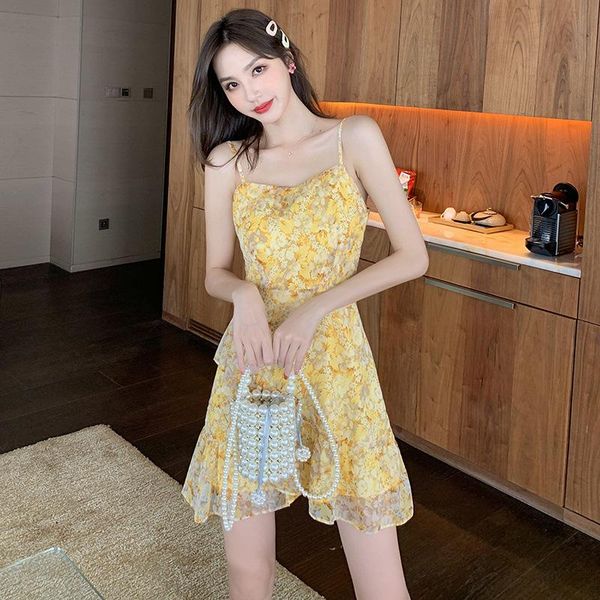 

casual dresses floral suspender skirt 2021 summer ladies korean style waist slim temperament french fairy stitching, Black;gray
