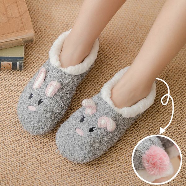 

sweet female animal slippers cozy soft home shoes for girls indoor warm fluffy slippers plush cartoons house women socks slipper, Black