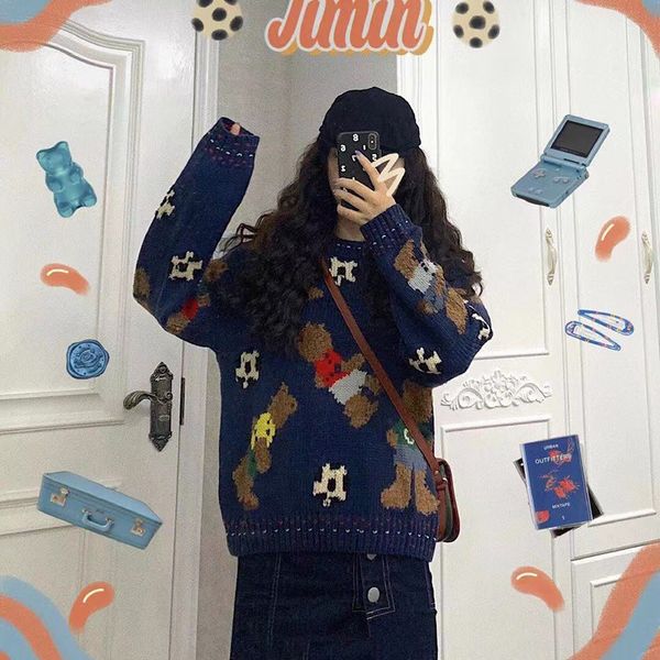 

2021 new heavy industry retro wild fun thick line bear loose pullover round neck long sleeve knitted sweater ng70, White;black