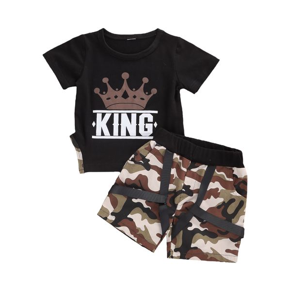 

0-5y summer kids baby boys clothes sets letter camouflage print short sleeve t shirts +shorts 2pcs, White