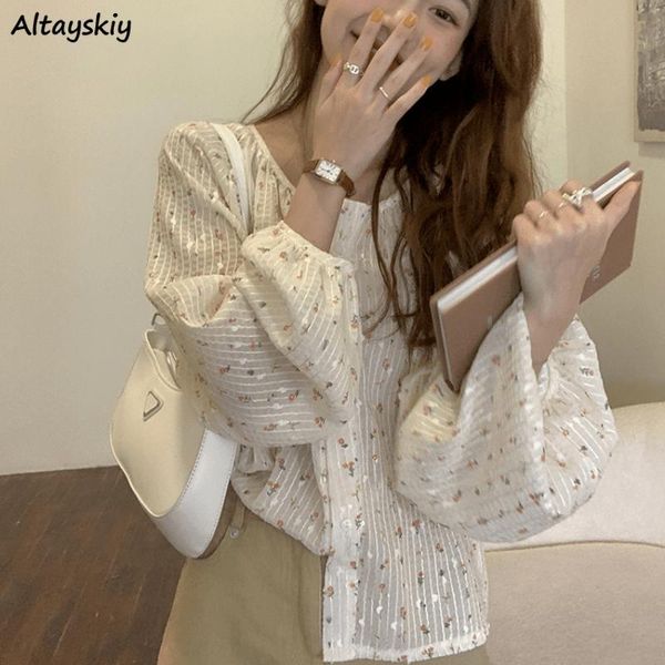 

women's blouses & shirts women plus size summer retros floral korean style loose chiffon o-neck all-match holiday long lantern sleeve f, White