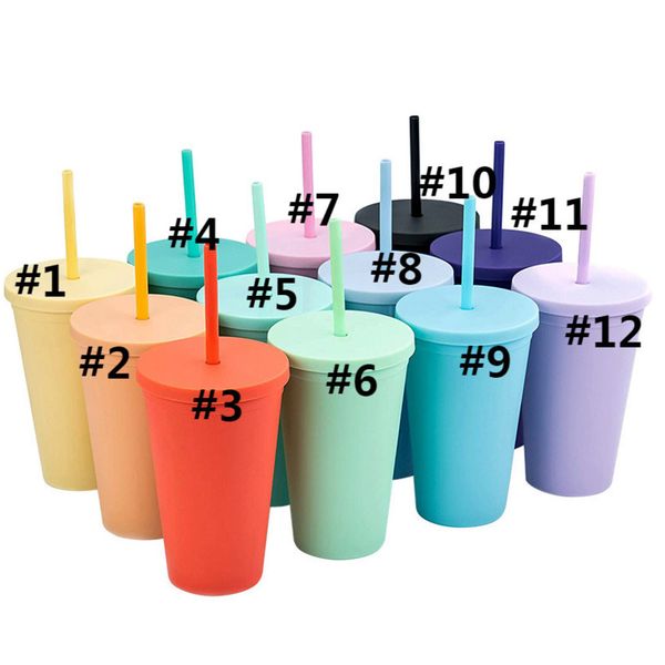 

16oz double layer plastic straw cups colorful adults kids straight coffee cup printing plastic frosted water cup with straw h32sz9x