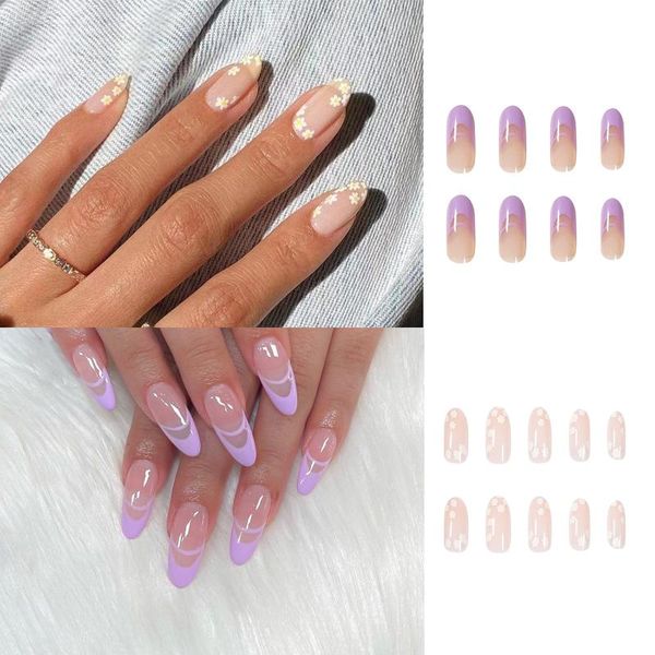 

false nails 24pcs/box detachable french light purple alomond wearable flower fake full cover nail tips manicure tool, Red;gold