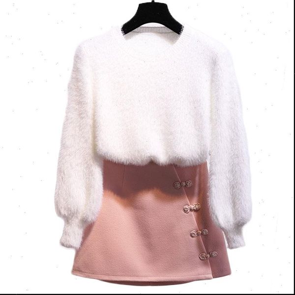 

autumn sweater skirt new winter tweed two piece clothing set women outfit vestido pullover knitwear fashion 2021 design suit, Gray