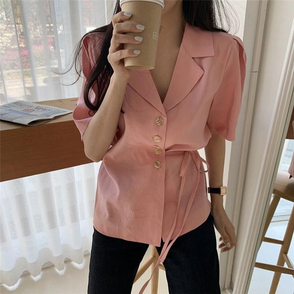 

women's blouses & shirts summer blouse niche design sense suit lapel tie waist short-sleeved shirt, White