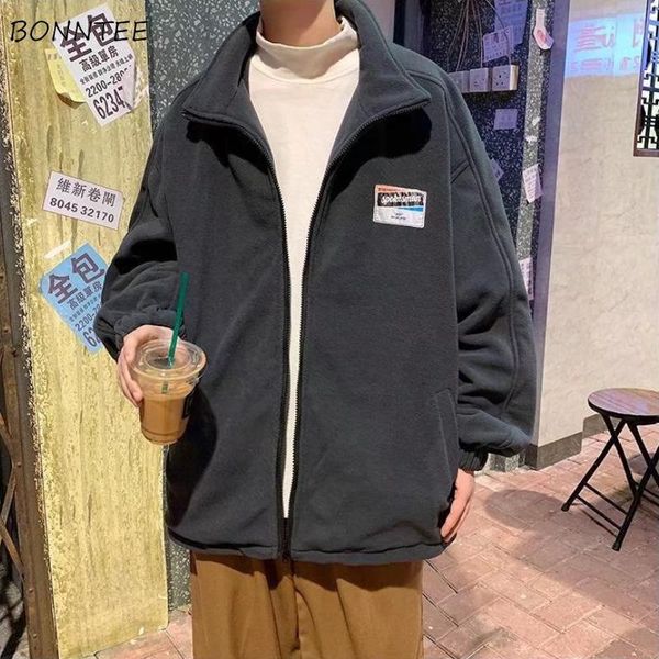 

men's jackets polar fleece men stand collar zipper soft warm winter casual coats patch designs all-match outerwear chic korean fashion, Black;brown