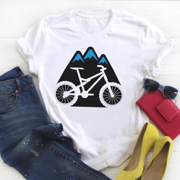 

women cartoon bike mountain camping fashion print summer t tee ladies female shirt clothes tshirt womens graphic t-shirt, White