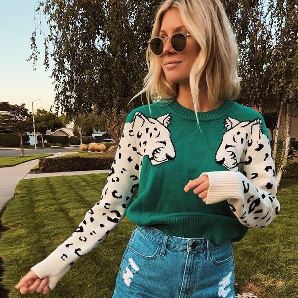 

knitted cropped sweater for women leopard pattern long sleeve knitting sweaters pullovers female 2021 autumn winter loose jumper, White;black