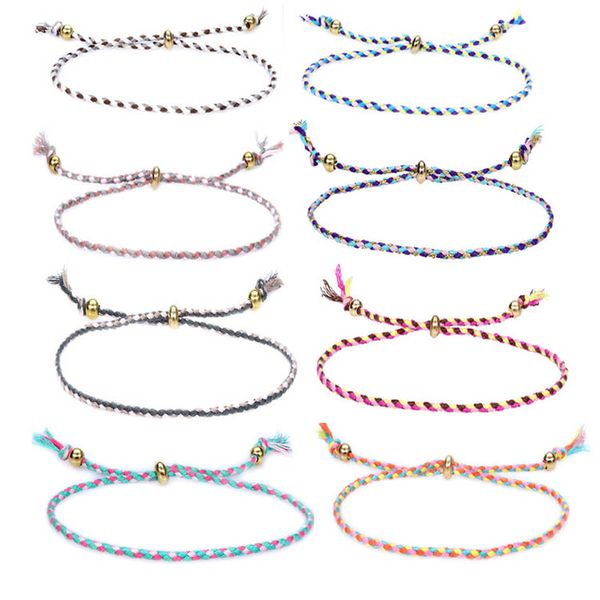 Moda colorida amiga navio mão linha de algodão pulseiras ajustáveis ​​pulseira de corda com grânulos de cobre várias cores misturadas