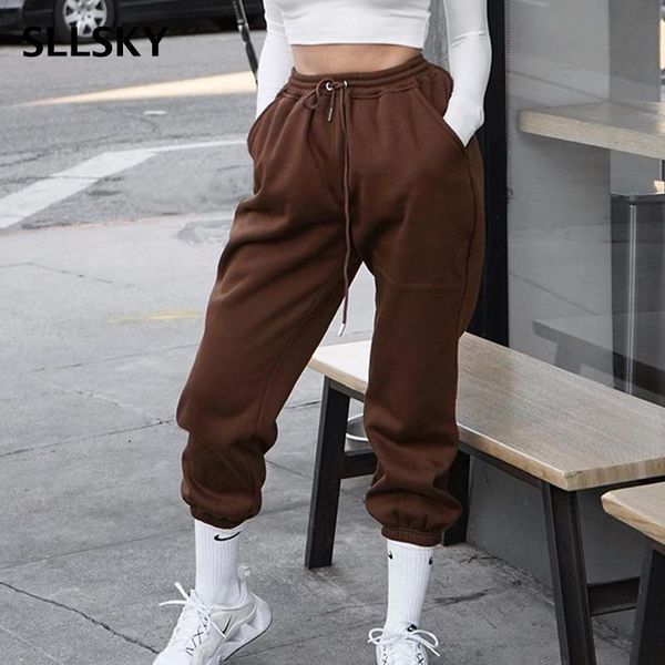 

sllsky spring autumn women sweatpant solid high waist trousers elastic lace up loose cargo pant pockets casual streetwear, Black;white