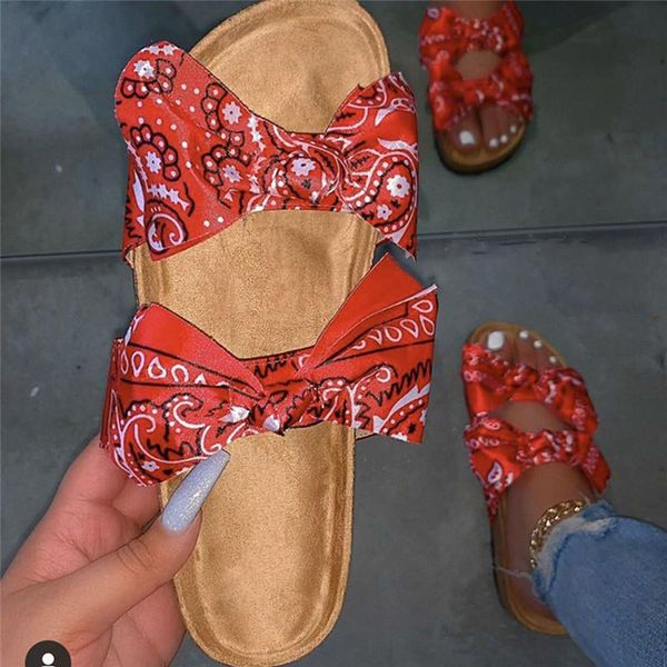 

slippers women summer butterfly knot bandage outdoor flat shoes floral print plus size female beach wear slides, Black