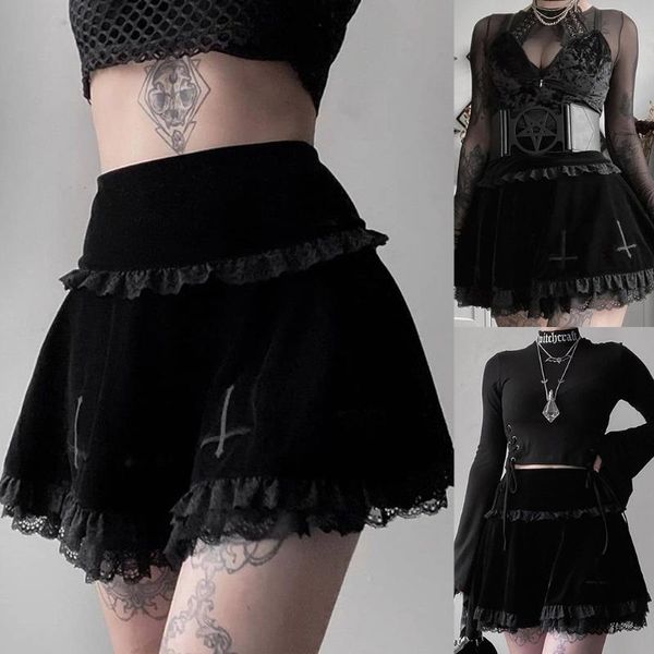

skirts women dark gothic velvet black pleated mini skirt punk cross embroidery lace trim patchwork high waist flared streetwear
