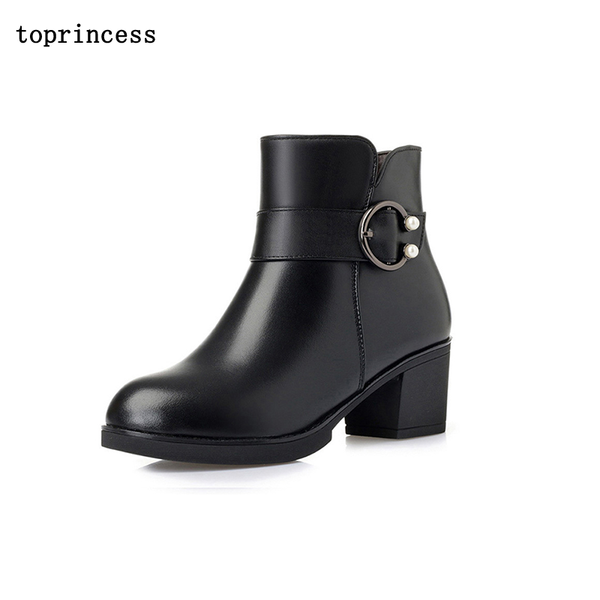 

boots bn08 incess ladies fashion snow round toe leather wool or faux fur lined use real designe, Black