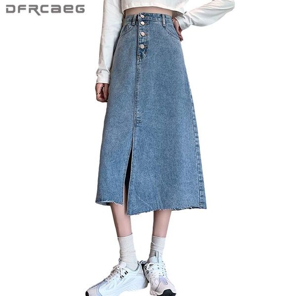 

streetwear black retro women long skirts jeans 2021 hight waist split a-line skirt denim female saias