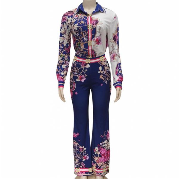 

women's two piece pants 2 pieces set autumn fashion women 2021 female floral print long sleeve shirt elastic waist wide legged, White