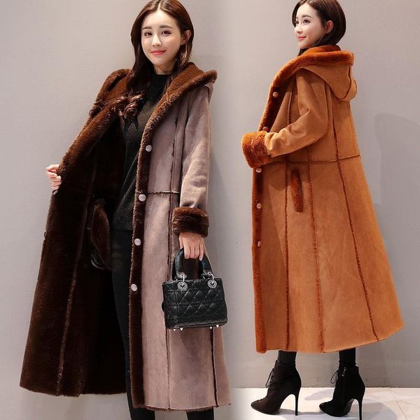 

women's fur & faux lugentolo long coat women winter fashion warm wear on both sides with trim hood single breasted coats, Black