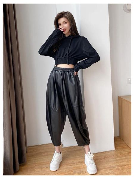 

women's pants & capris genuine leather women 2021 winter autumn korean fashion high waist streetwear trousers plus size, Black;white