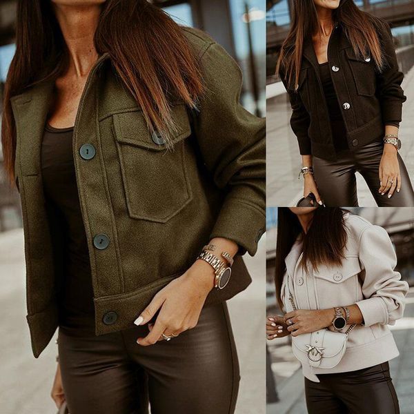 

women wool blends short coats jackets parkas cashmere winter army green black white woolen coats moto style 2021 new