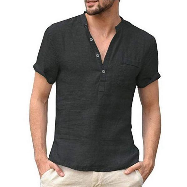 

men's casual shirts linen half-open shirt for men solid short sleeve single-breasted cardigan harajuku button slim male clothing, White;black