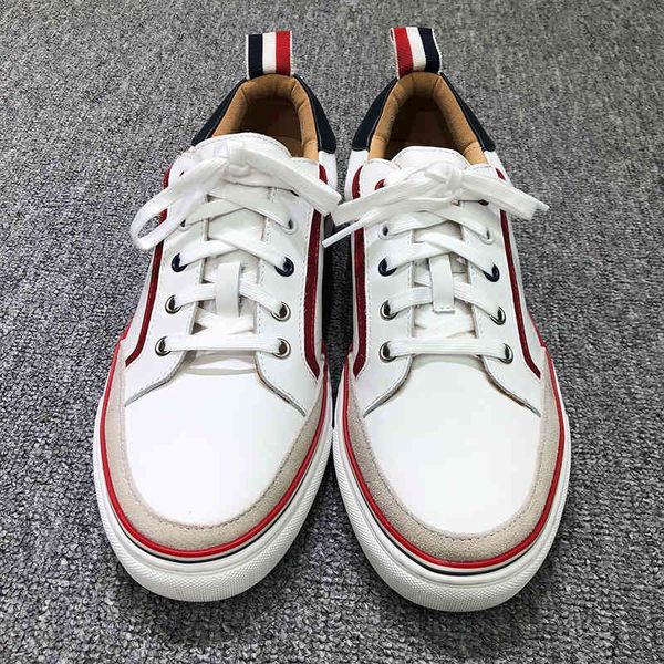 

2021 fashion brand tb genuine leather shose men cow sneakers patchwork lace up spring autumn daily white casual shoes, Black