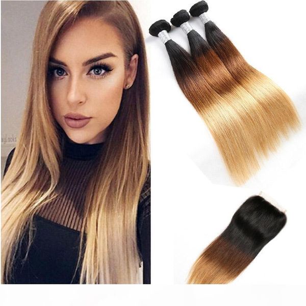 

brazilian virgin hair 1b 4 27 ombre human hair extensions 3 bundles with 4x4 lace closure straight three tones 10-30inch, Black;brown