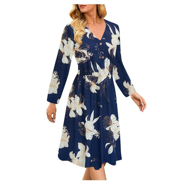 

casual dresses autumn floral women v-neck button elegant dress long sleeve bohemain party a-line vestidos de fiesta robes, Black;gray