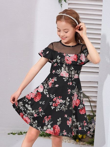 

girls floral print mesh panel dress she, Red;yellow