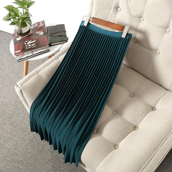 

women girls casual long skirts elastic waist lurex pleated black skirts new 2021 spring summer solid color blue gray