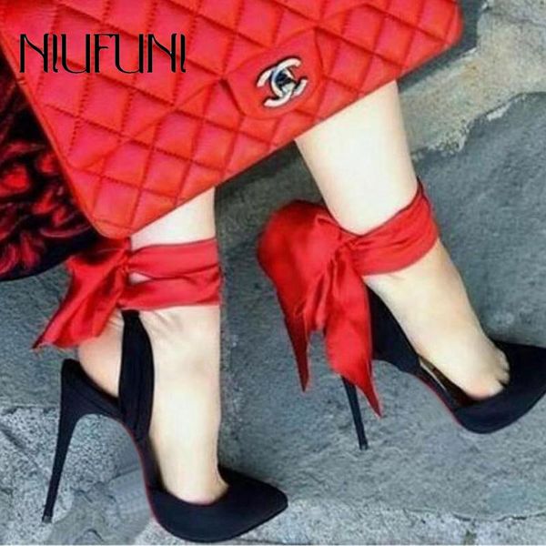 

sandals niufuni 2021 ribbon pointed toes super high heels stiletto ladies bow women's shoes summer, Black