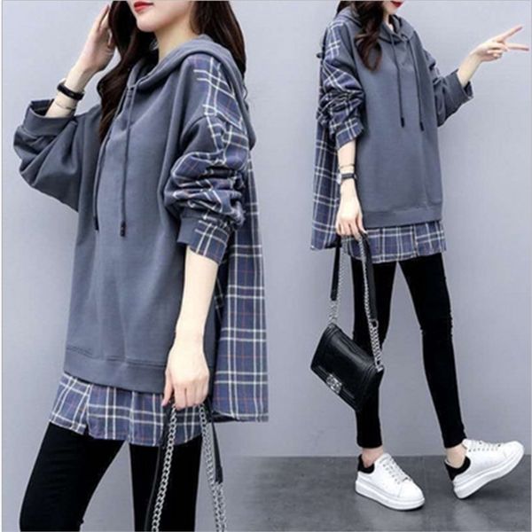 

women casual fake two piece hoodies sweatshirts fashion british style plaid shirt loose spring pullover s21008 210809, Black