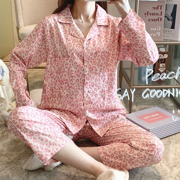 

new 2021 pink leopard printing pajamas women cute sleepwear japan kawaii clothes female two pieces set x0pq, White