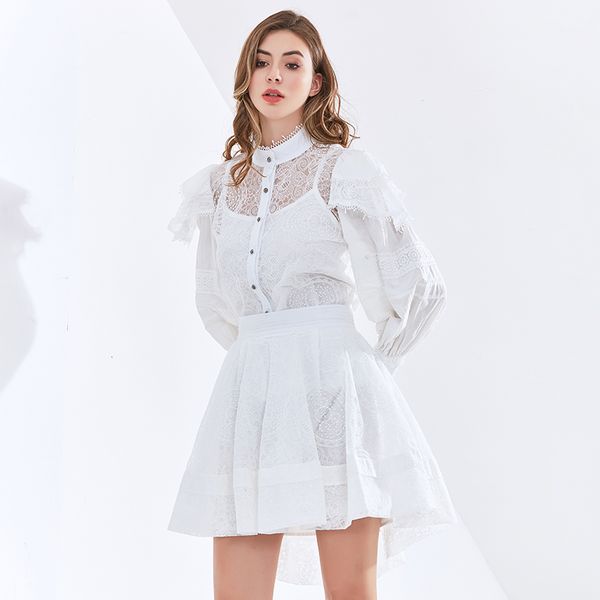 

White Elegant three Piece Set For Women Stand Collar Long Sleeve Patchwork Lace Shirt High Waist Skirt Female Sets