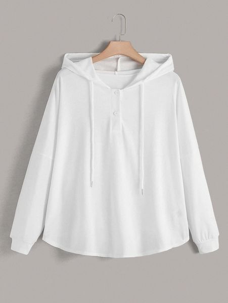 

plus drop shoulder half button drawstring hoodie m1gw#, Black