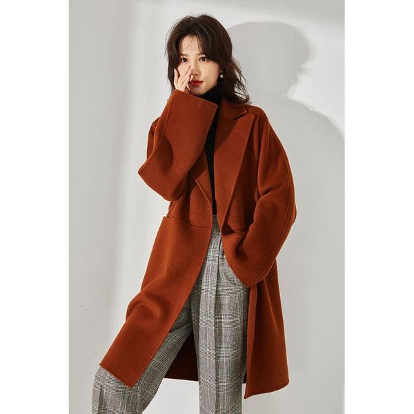 

women's wool & blends winter coat women mid-length casual caramel loose female autumn 2021 fashion lapel line temperament, Black