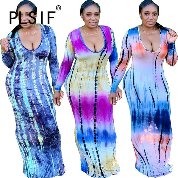 

casual dresses 2021 women tie dye print long maxi dress full sleeve club beach summer slim, Black;gray