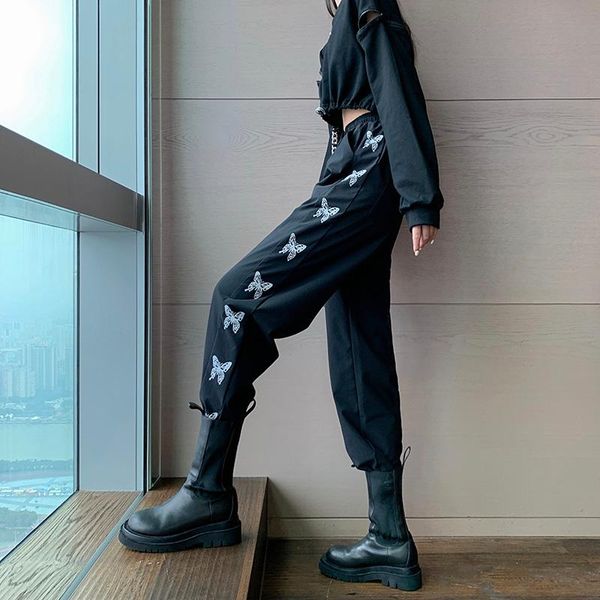 

women's pants & capris beautiful butterfly print cargo for woman plus size elastic waist loose fit streetwear casual trouser pantalones, Black;white