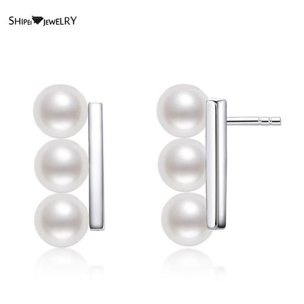 

stud shipei 100% 925 sterling silver pearl wedding engagement romantic cute ear studs earrings for women girls fine jewelry gifts, Golden;silver