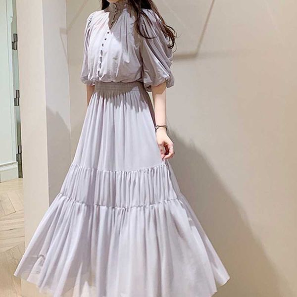 

japan style sweet office lady slim waist robe stand collar puff sleeve pleated dress spring chic button design women dresses 210525, Black;gray