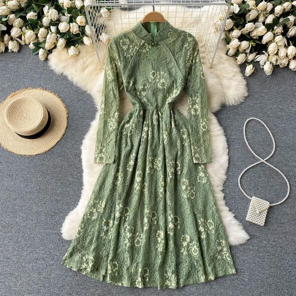 

casual dresses pinkou women elegant lace cheongsam dress long sleeve floral chinese style one piece chic midi mujer qa108, Black;gray