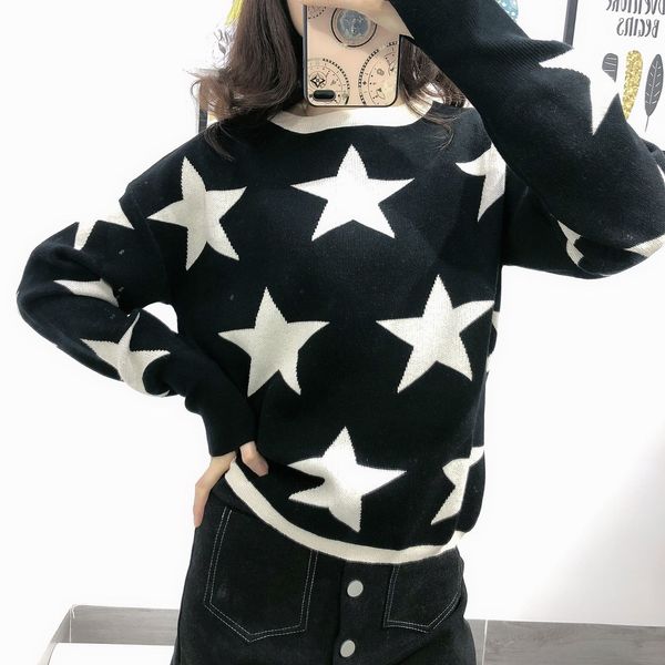 

2021 new star printed sweater women's o-neck cuff slits long sleeve autumn knitwear 15vy, White;black