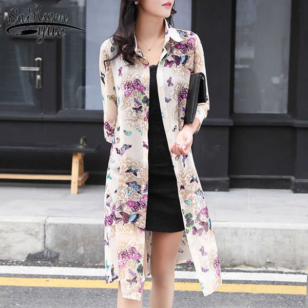

summer sun protection women long blouses thin floral chiffon cardigan half sleeve loose flower print blouse shirts korean 4152 210527, White