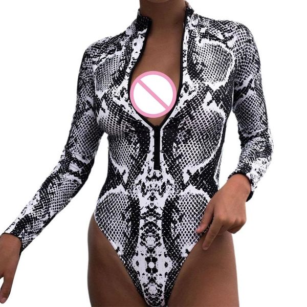

snakeskin print long sleeve swimsuit women zipper one-piece padded monokini 425e